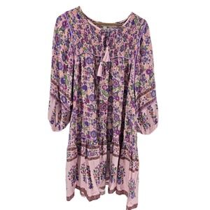 Umgee‎ USA 1XL Floral Print Smocked Tassel Tie Boho Mini Dress Pink Purple